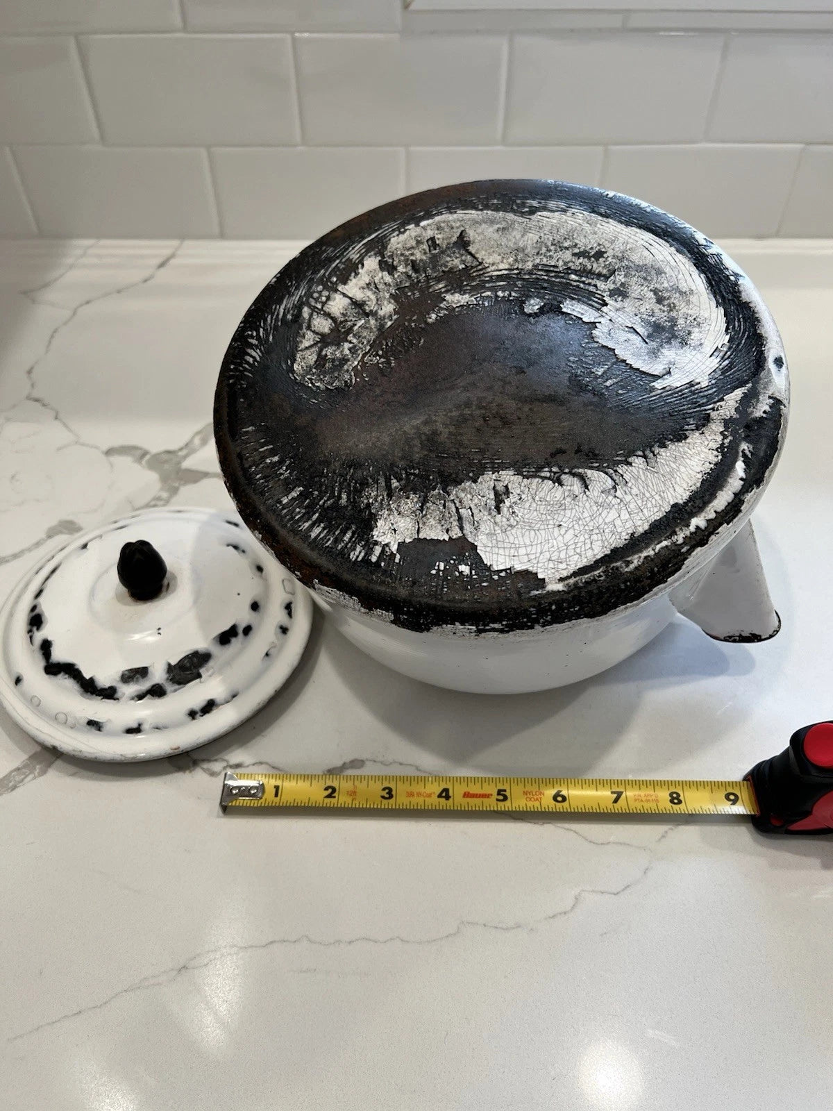 VTG Enamelware Tea Kettle Very Rustic W/Vintage Charm Whitewash/ Red Trim