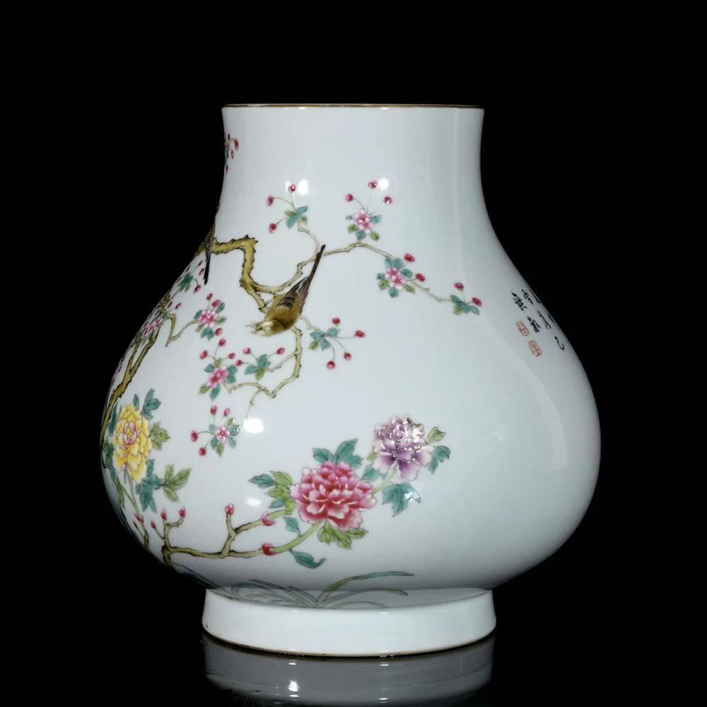 24CM Qianlong Signed Old Chinese Colour Enamel Vase W/bird N3729