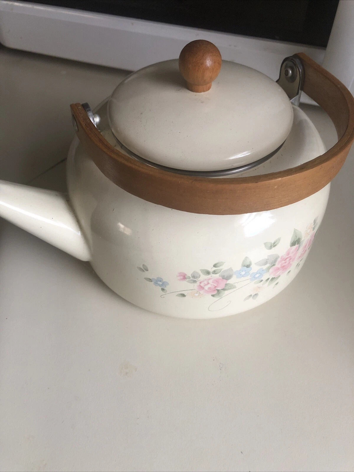 Vintage Cream w/Pastel Floral Metal Kettle Teapot Coated Stovetop Wood Handle