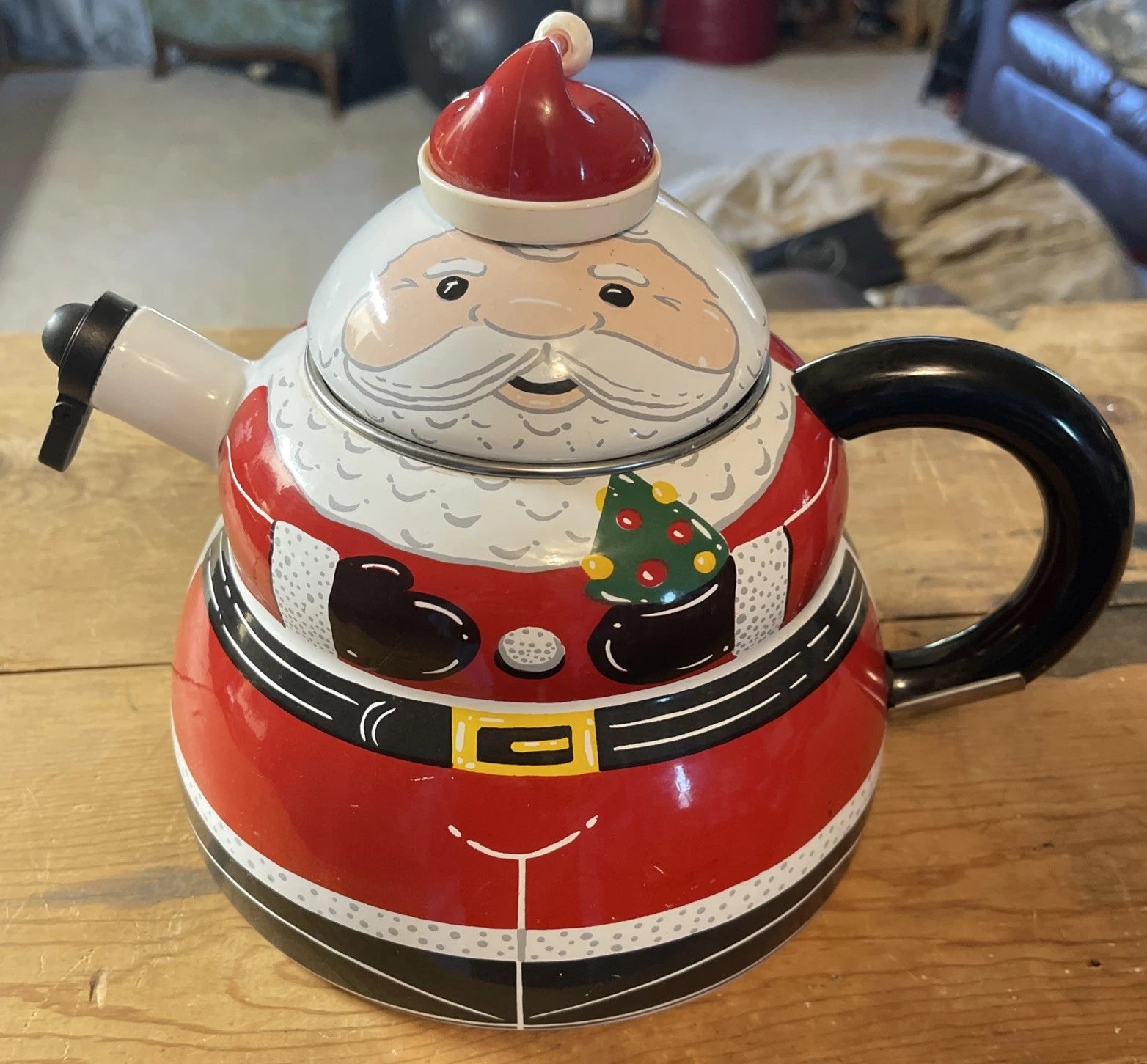 ROSCHO Jolly Santa Claus Enamel Whistling Tea Pot Kettle Holiday 3 Qt Christmas