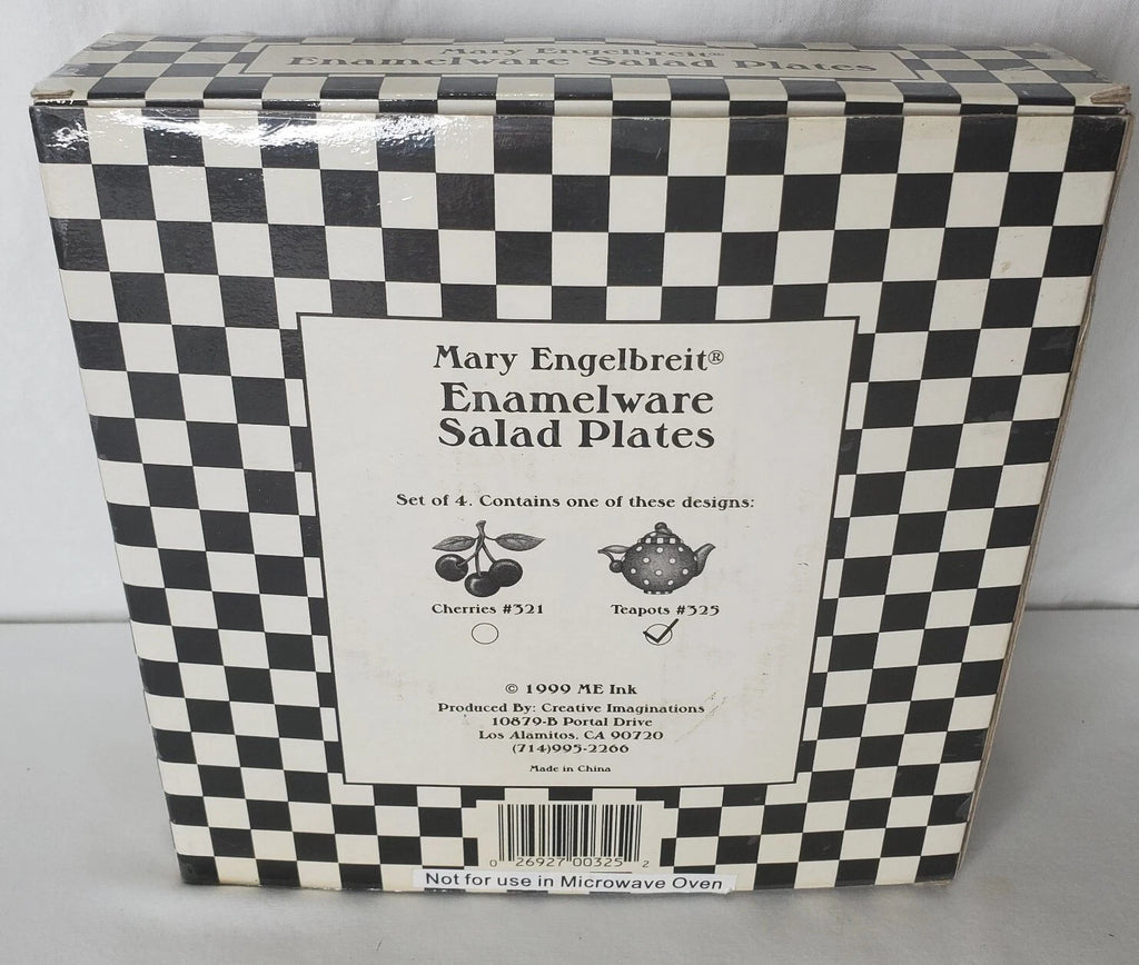 Vtg Mary Engelbreit Enamel Teapot Plate Set 4 Salad Dessert Plates Box New