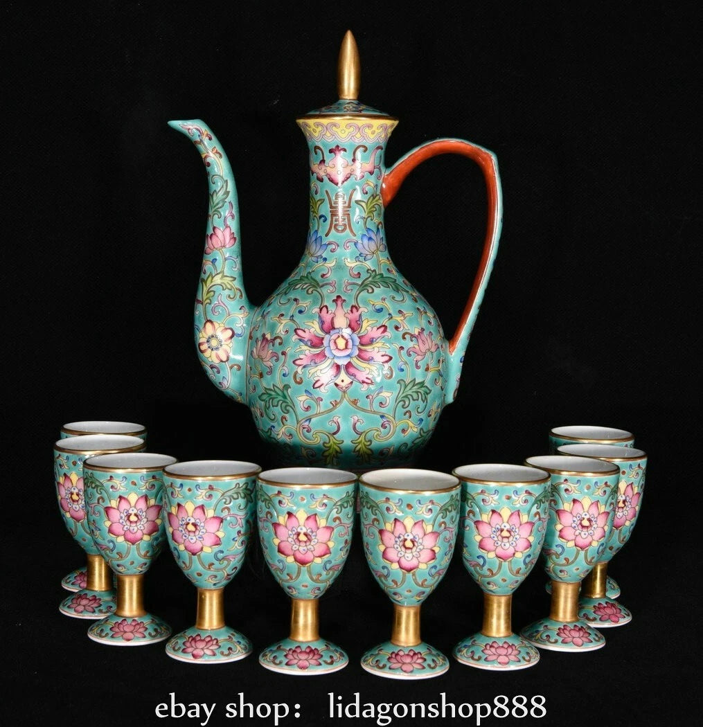 8" Qing Yongzheng Marked Enamel Porcelain Flower Words Pattern Wine Pot Cup Set