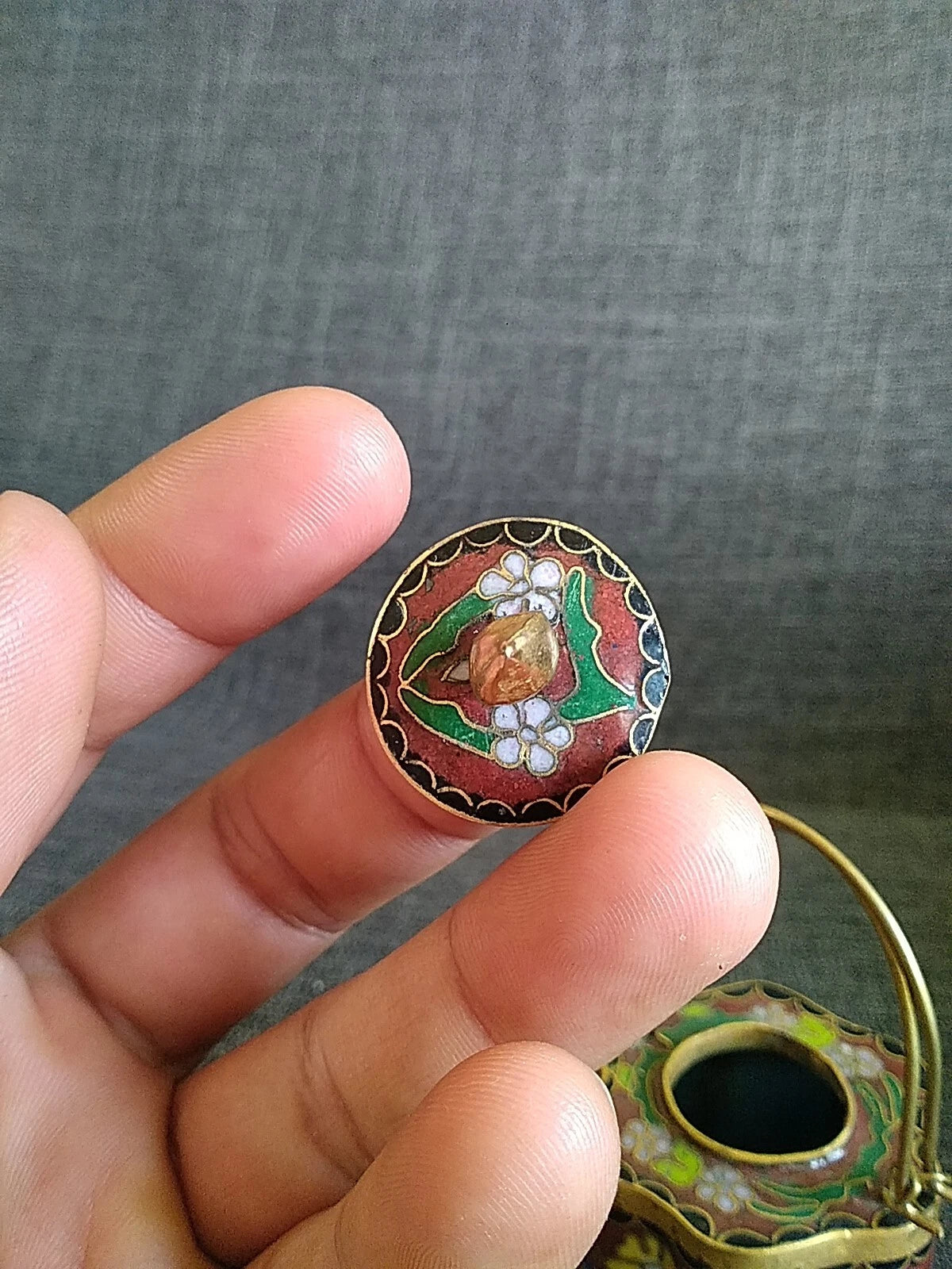 VTG CHINESE CLOISONNE BRASS AND ENAMEL BROWN  MINIATURE TEAPOT