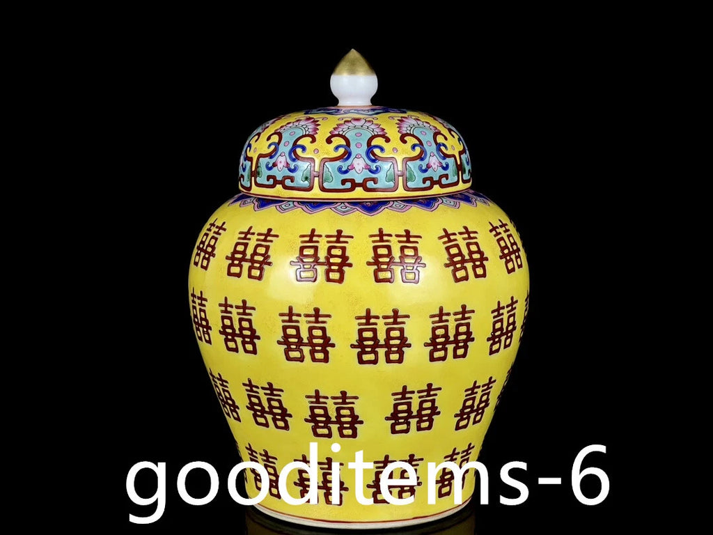 6.6"China Porcelain Qing Qianlong Enamel Color Double Happiness Pattern Tea Can