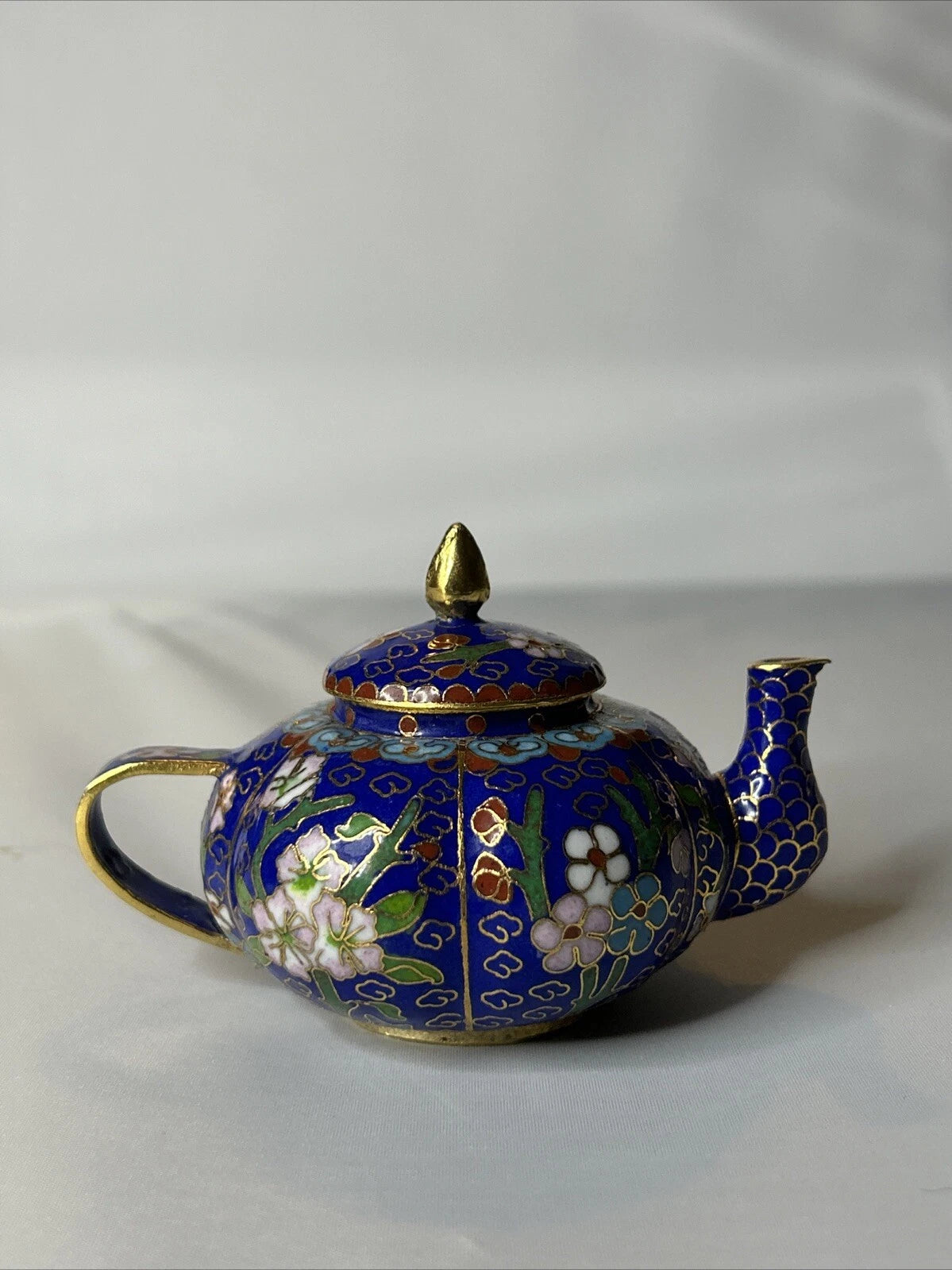 Vintage Cloisonne Blue Floral Enamel on Metal Miniature Teapot