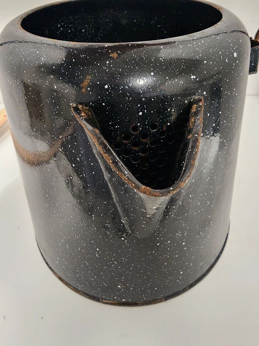 Vintage Enamelware Coffee Tea Pot, Camping Kettle Black Speckled 8” Tall No Lid