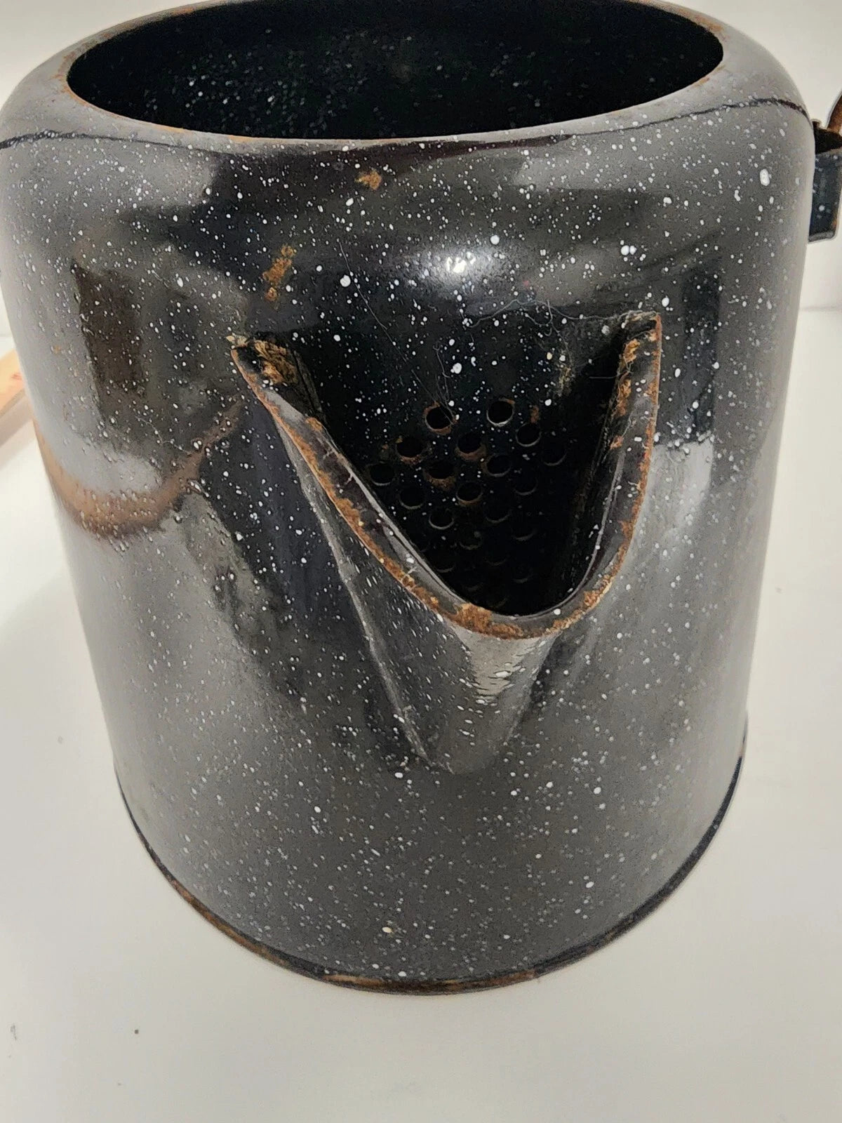 Vintage Enamelware Coffee Tea Pot, Camping Kettle Black Speckled 8” Tall No Lid