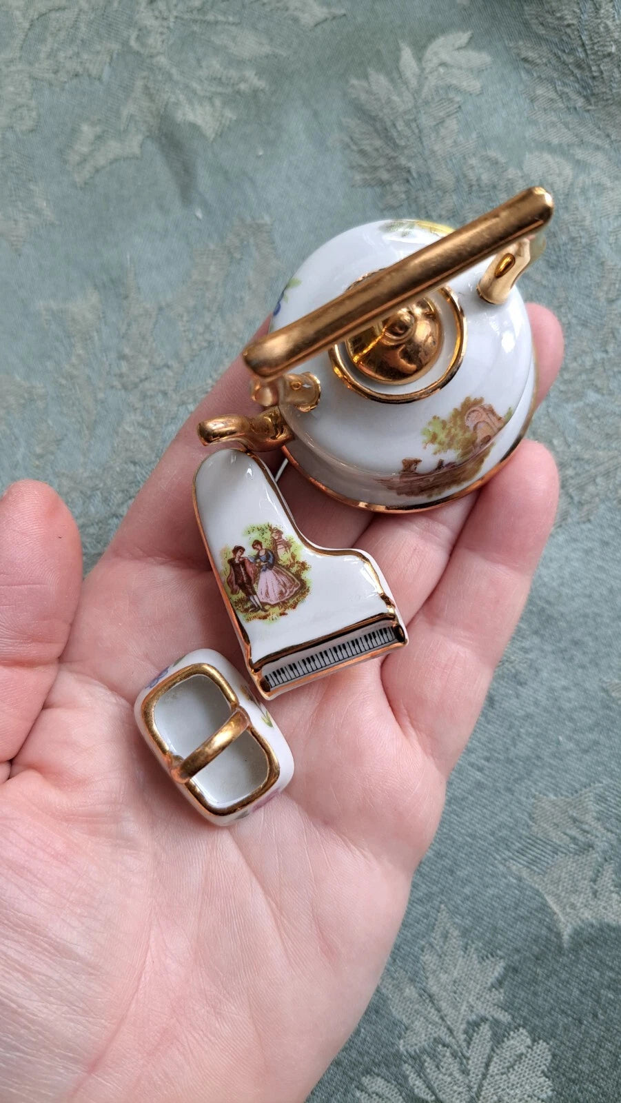 VTG Limoges France Lot Miniature Teapot Courting Couple Porcelain Piano, Basket