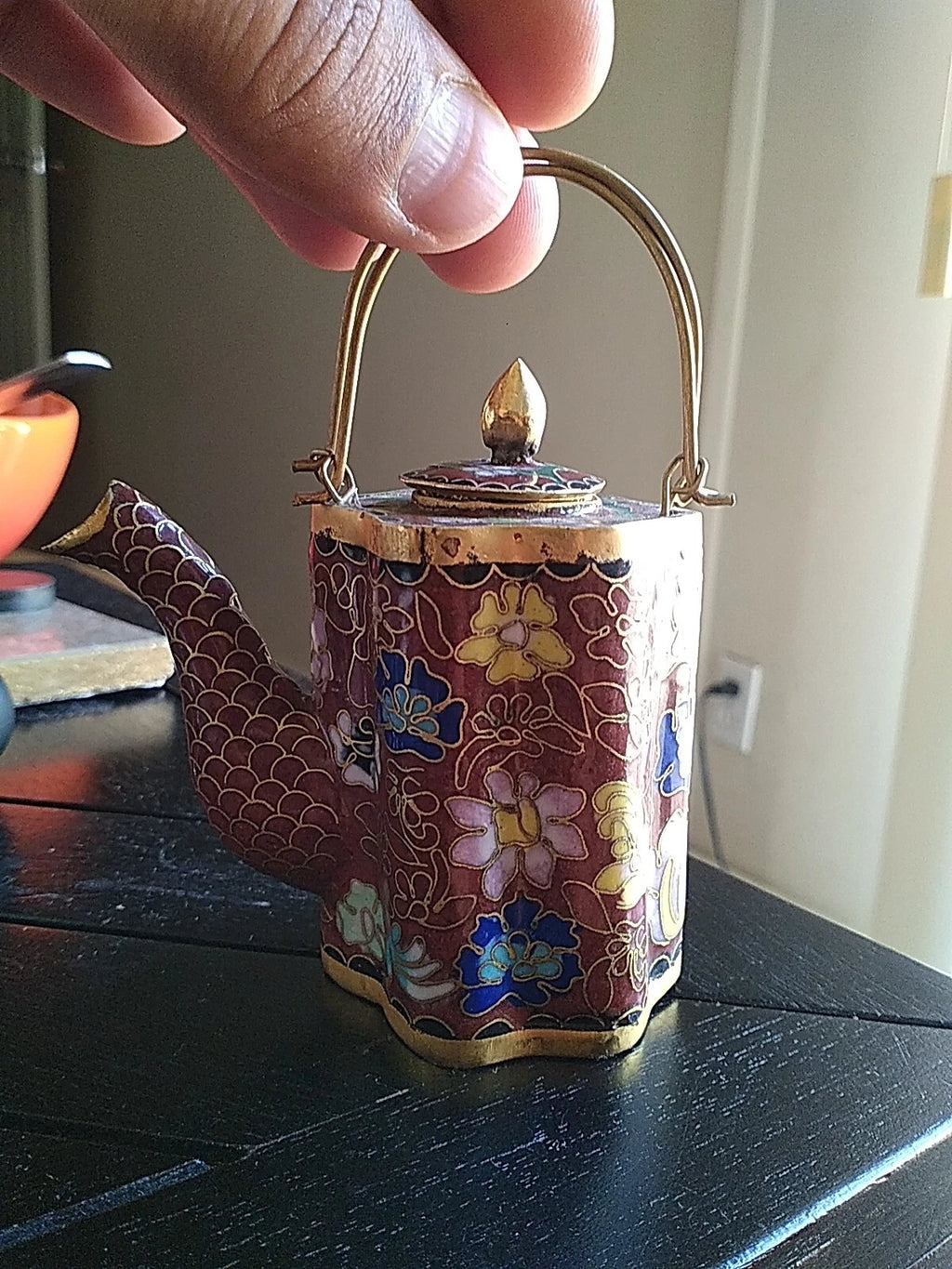 VTG CHINESE CLOISONNE BRASS AND ENAMEL BROWN  MINIATURE TEAPOT