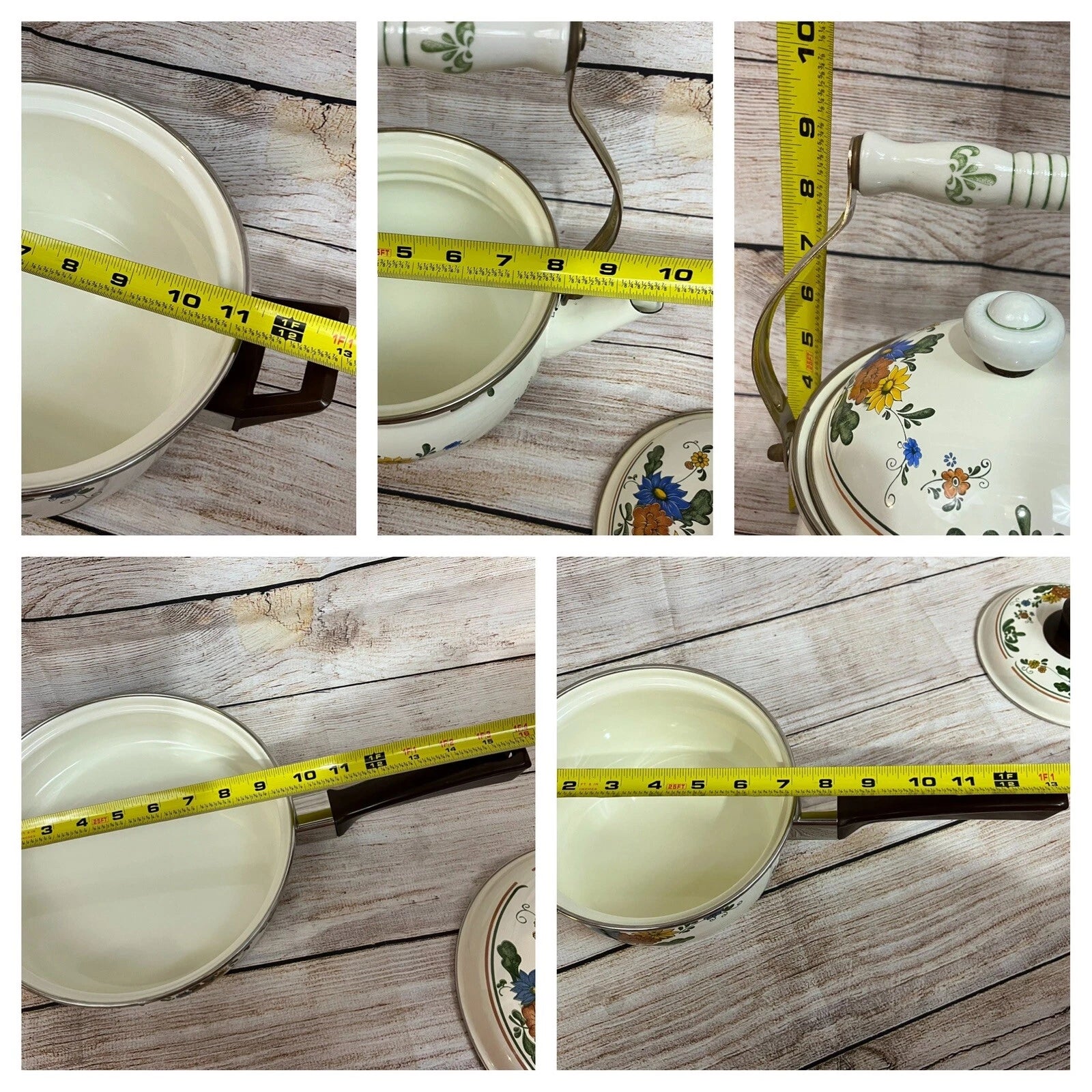 Vtg Enamelware Cookware Pans Tea Kettle 7-piece Set Mid Century European Design