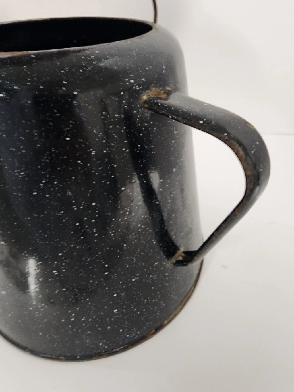 Vintage Enamelware Coffee Tea Pot, Camping Kettle Black Speckled 8” Tall No Lid