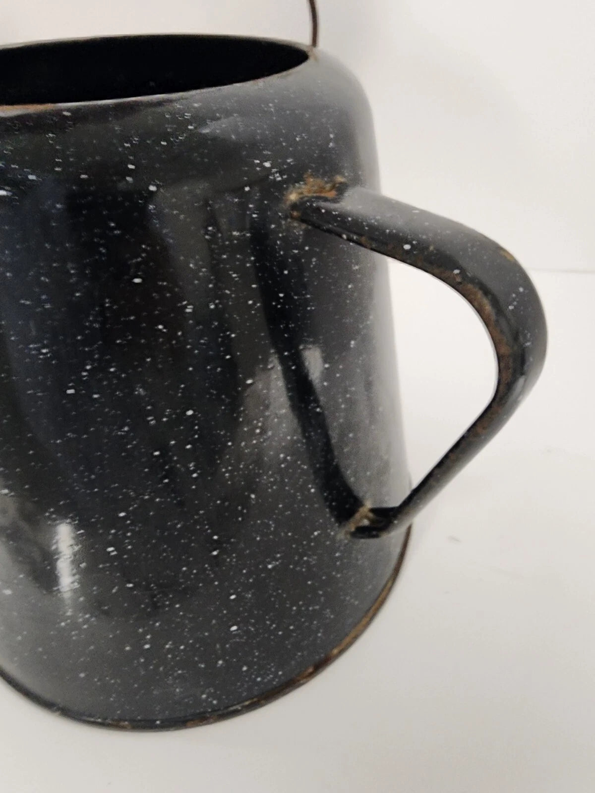 Vintage Enamelware Coffee Tea Pot, Camping Kettle Black Speckled 8” Tall No Lid