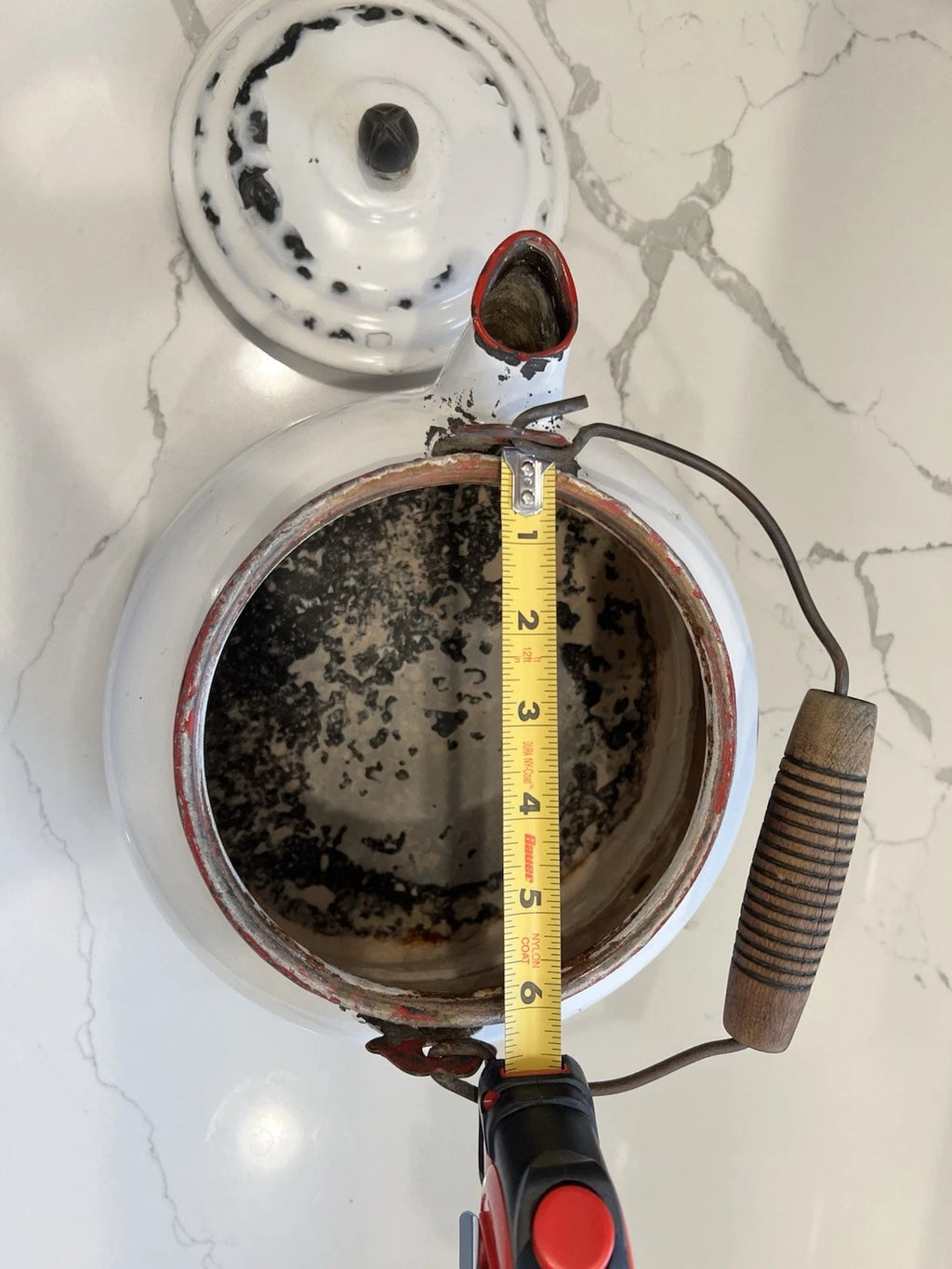 VTG Enamelware Tea Kettle Very Rustic W/Vintage Charm Whitewash/ Red Trim