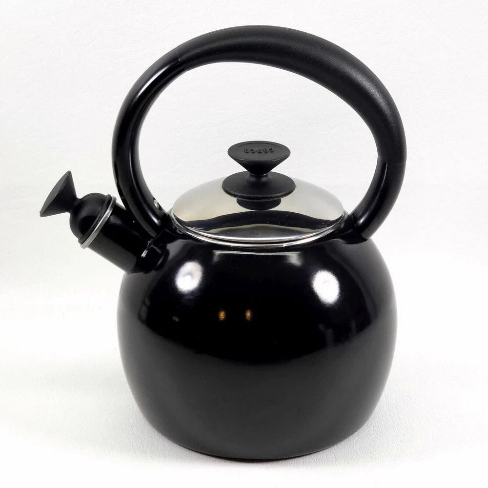 Copco Whistling Teapot Tea Kettle Pot Onyx Black Enamel With Handle and Lid EUC