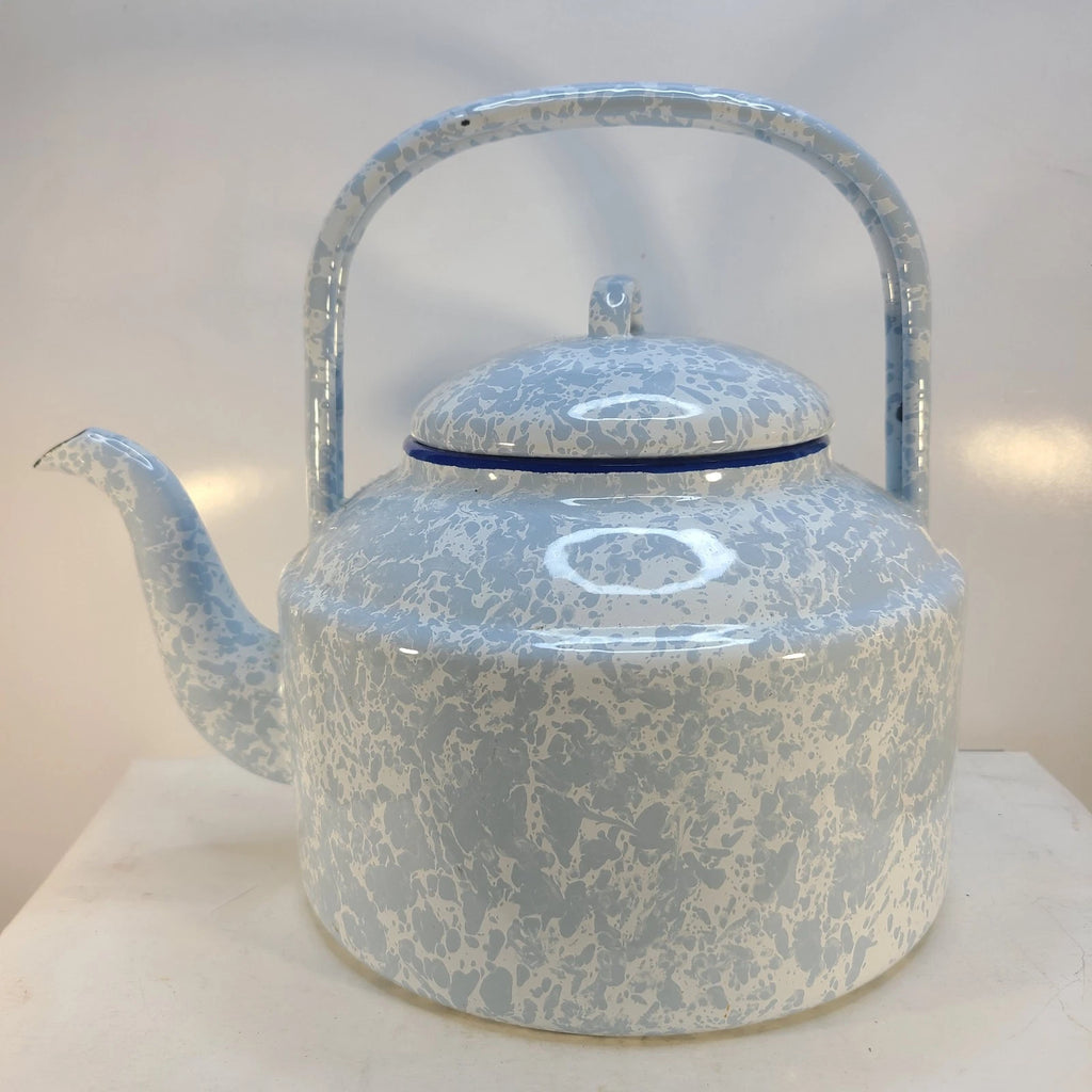 Blue & White Enamel Spatterware Swirl "Country Kitchen" Tea Kettle 7" Dia 8" T