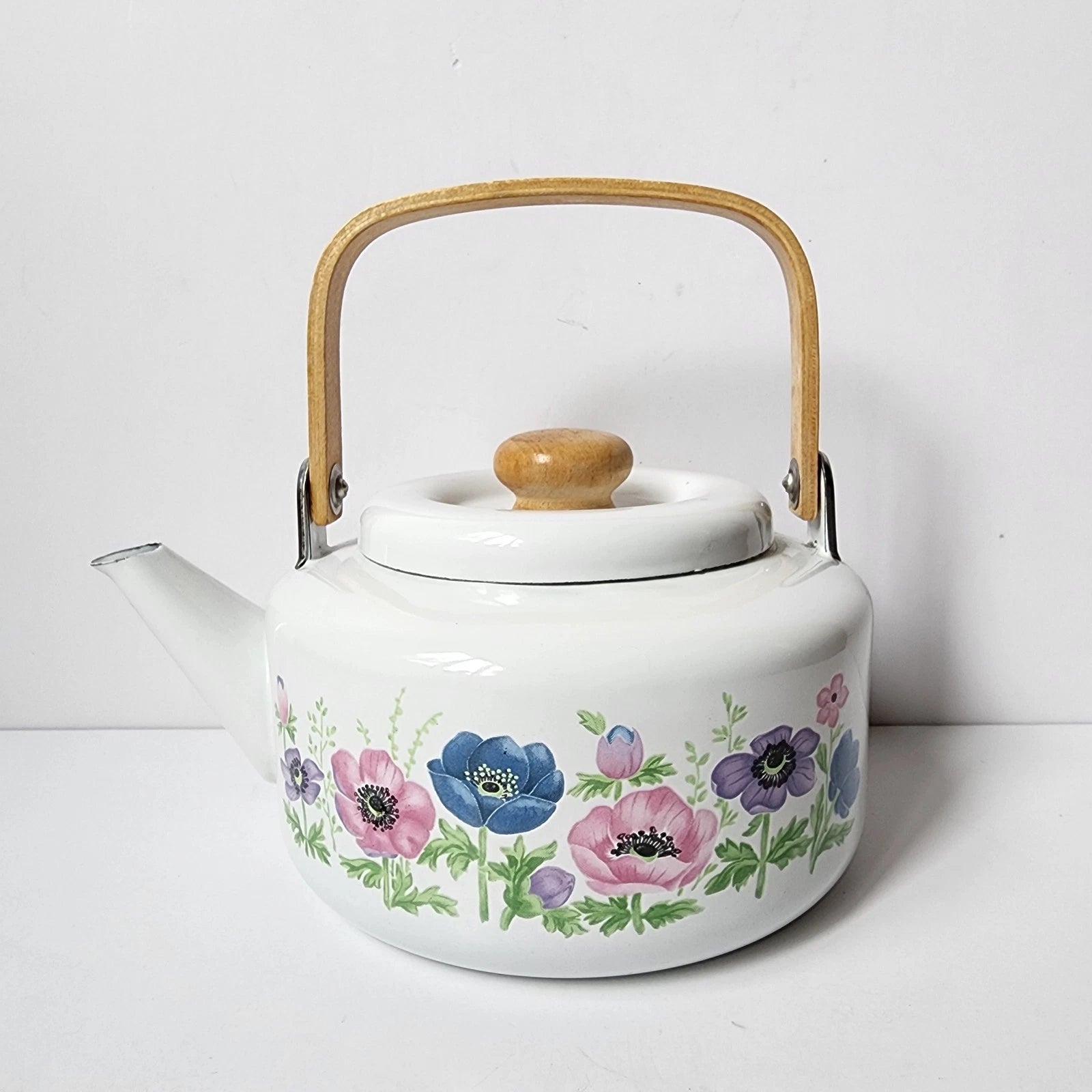 Vintage National Housewares Teapot Kettle Floral Country Garden Bamboo 1987