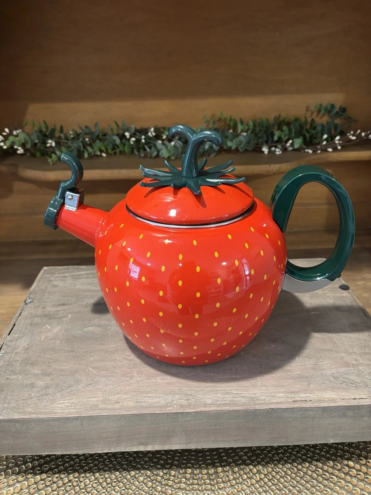 Vtg 90s Copco Strawberry Tea Kettle Enamel Whistling Complete 2.5Qt Cottage Core