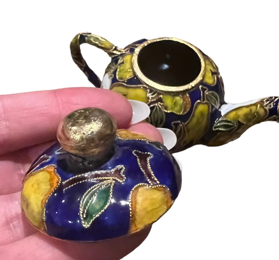 Chinese Vintage Brass Cloisonne Teapot Kettle Enamel Fruit Pear Mini