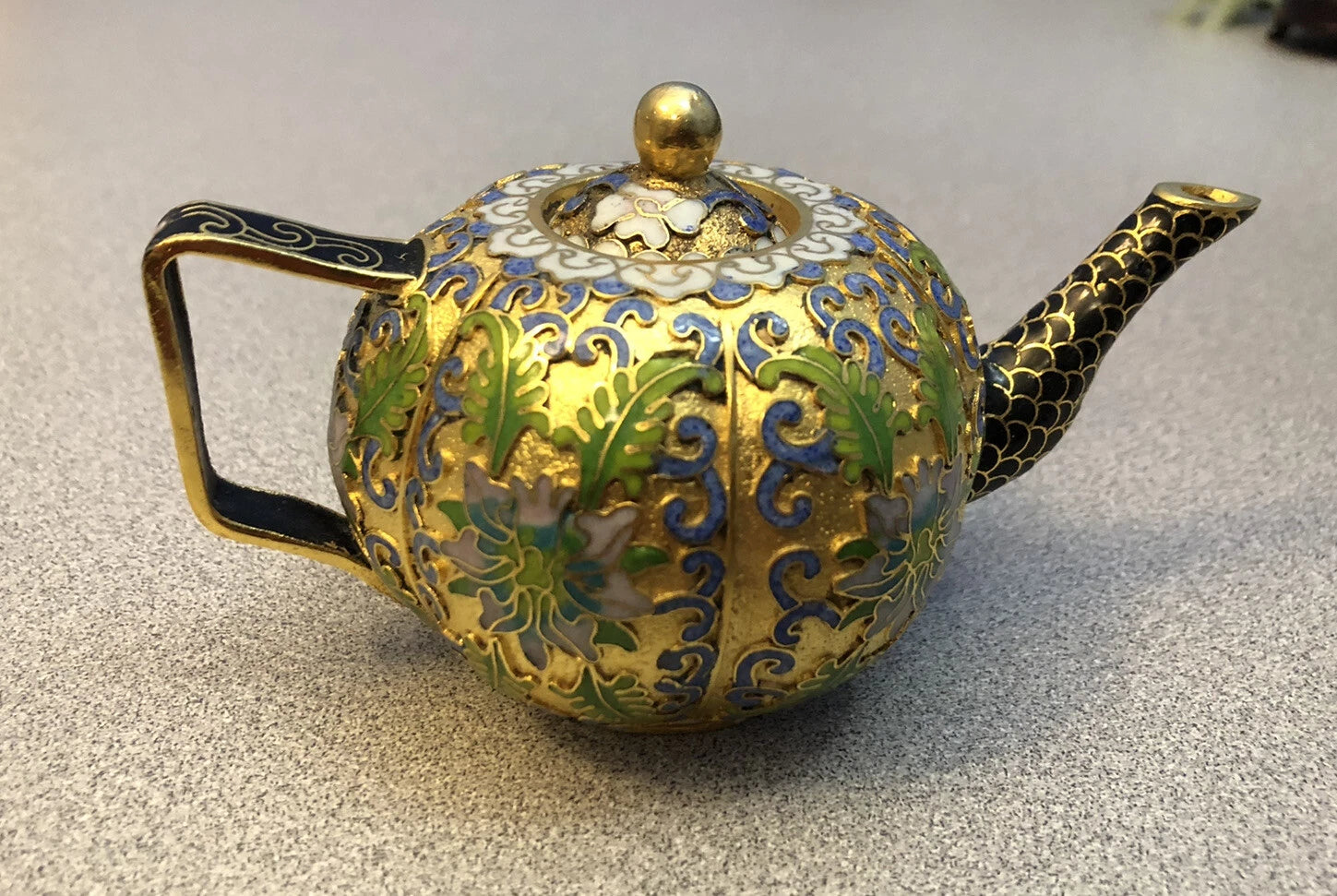 Vintage Cloisonne Enamel and Bronze Floral "Pumpkin" Teapot, Black Tip White Top