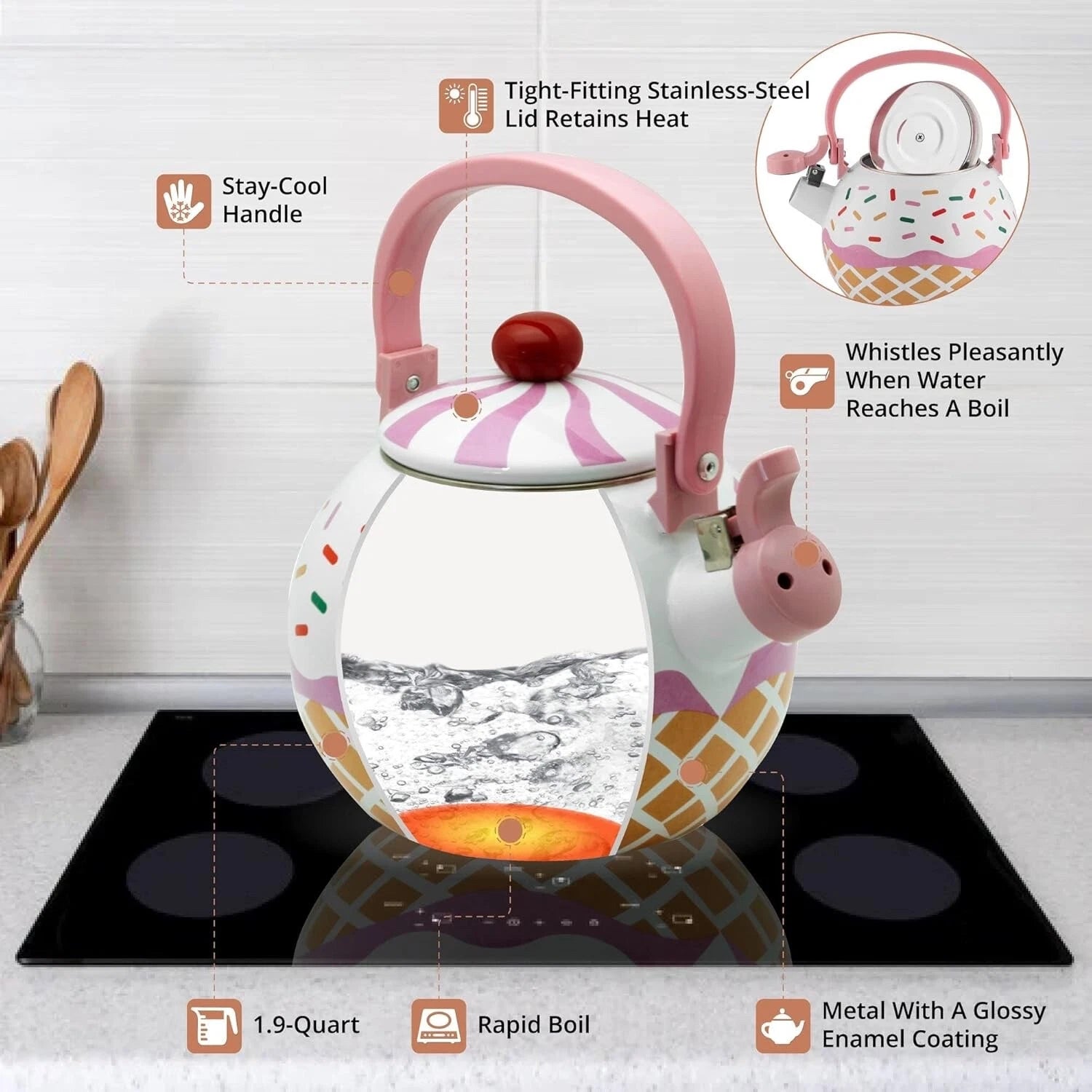 Enameled 1.7 Quart Enamel-on-Steel Whistling Tea Kettle ( Strawberry Cupcake )