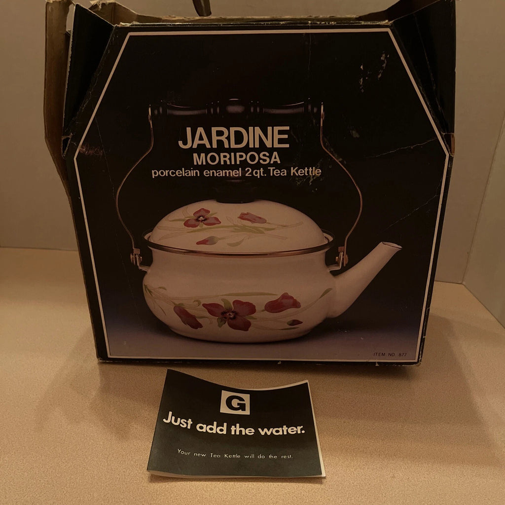NIB Vntg  Gailstyn-Sutton Jardine Moriposa Iris Porcelain Enamel Tea Kettle 2qt