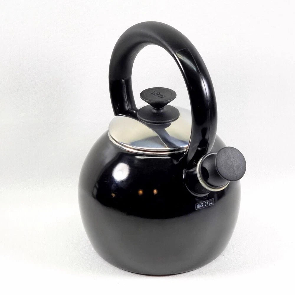 Copco Whistling Teapot Tea Kettle Pot Onyx Black Enamel With Handle and Lid EUC