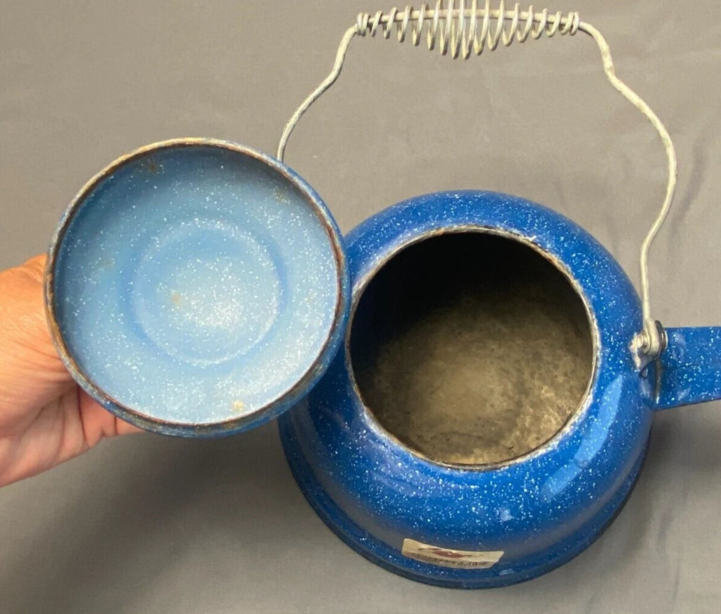 Vintage Cinsa Enamelware Blue Speckled Teapot Camping Country Kitchen Farm House