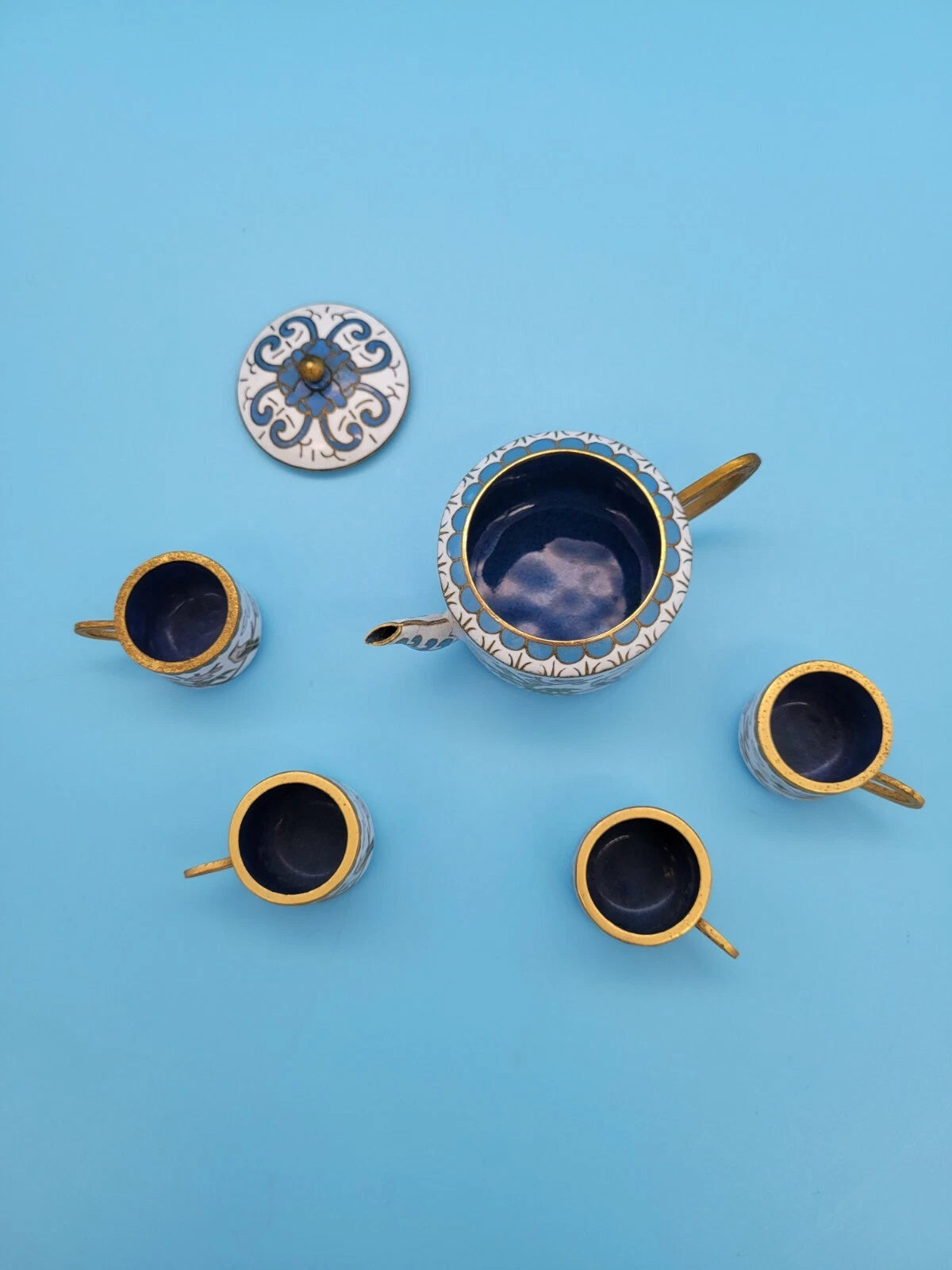 Vintage Chinese Brass Cloisonne/Enamel Miniature Teapot & Cups Flowers Bird Tree