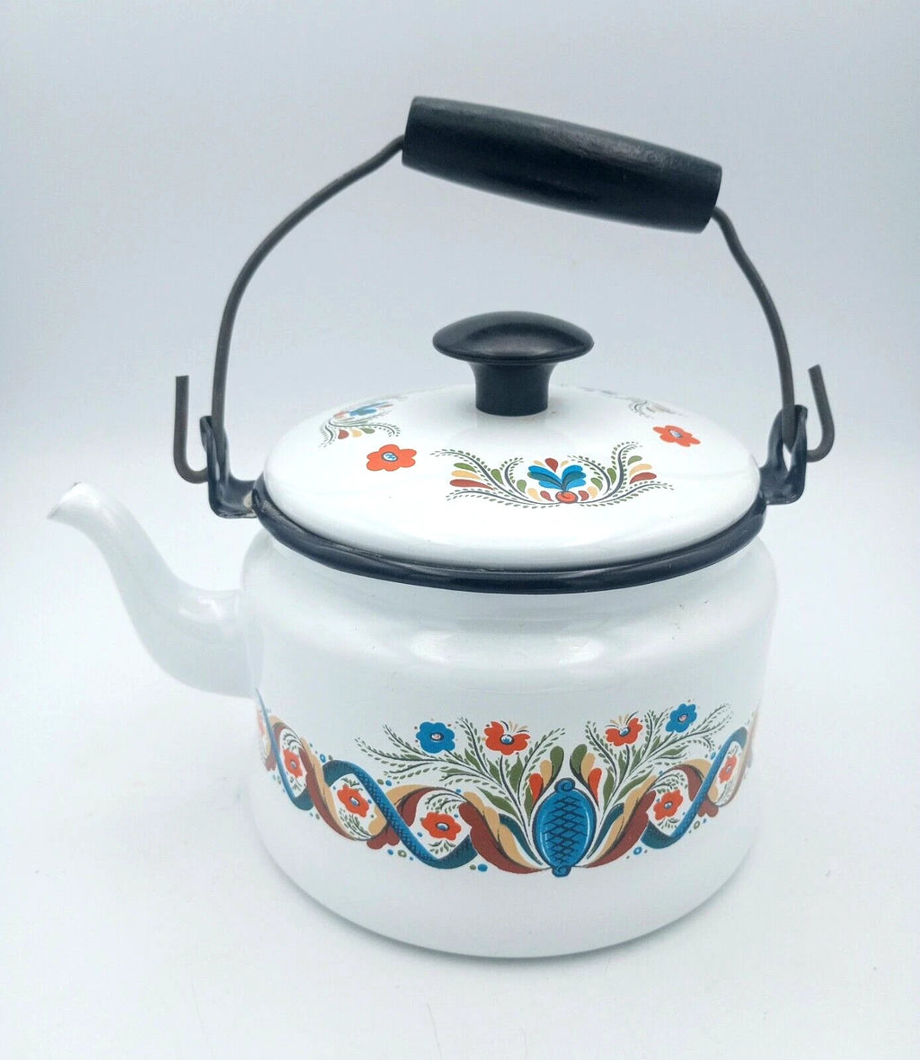 Vintage Berggren Swedish Folk Art  Enamelware Floral Handled Tea Pot Tea Kettle