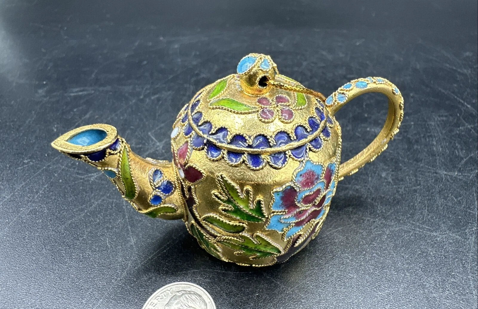 Cloisonné Enamel Mini Colorful 2" Teapot Collectible Figurine Christmas Ornament
