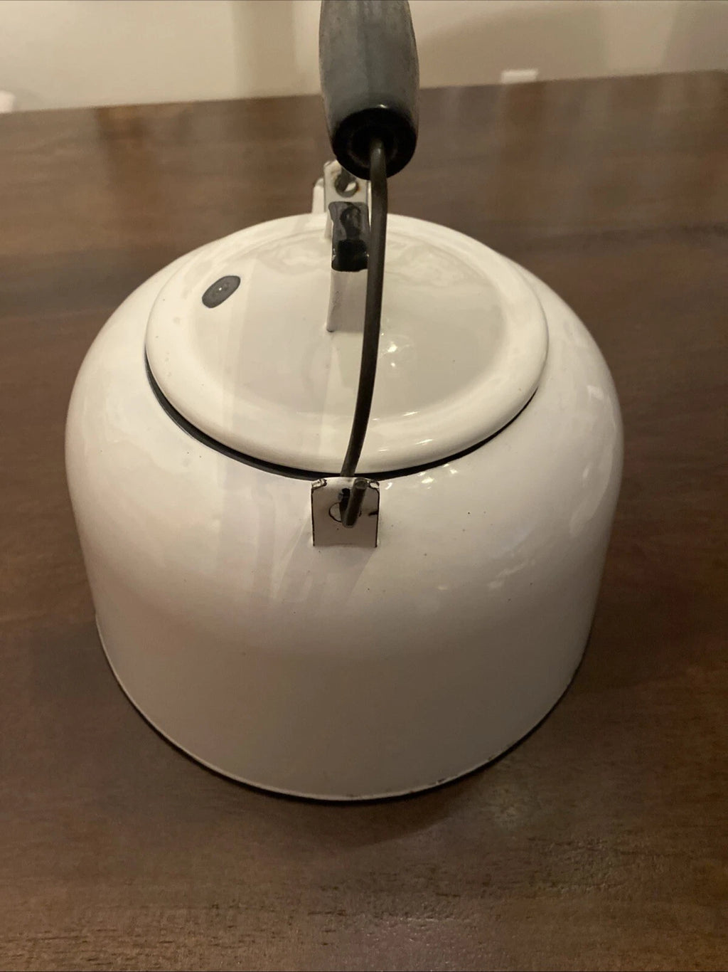 Vintage Enamelware White Tea Pot Kettle/Planter With Wood Handle