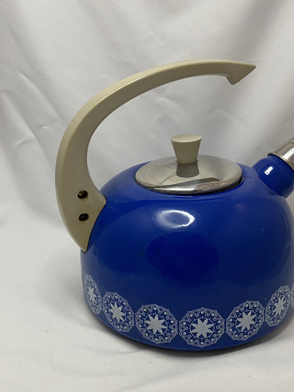 Retro 60s / 70s Blue Enamel Circle Star pattern tea kettle Stains Inside