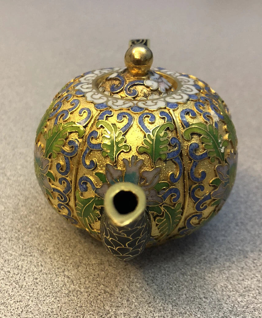 Vintage Cloisonne Enamel and Bronze Floral "Pumpkin" Teapot, Black Tip White Top