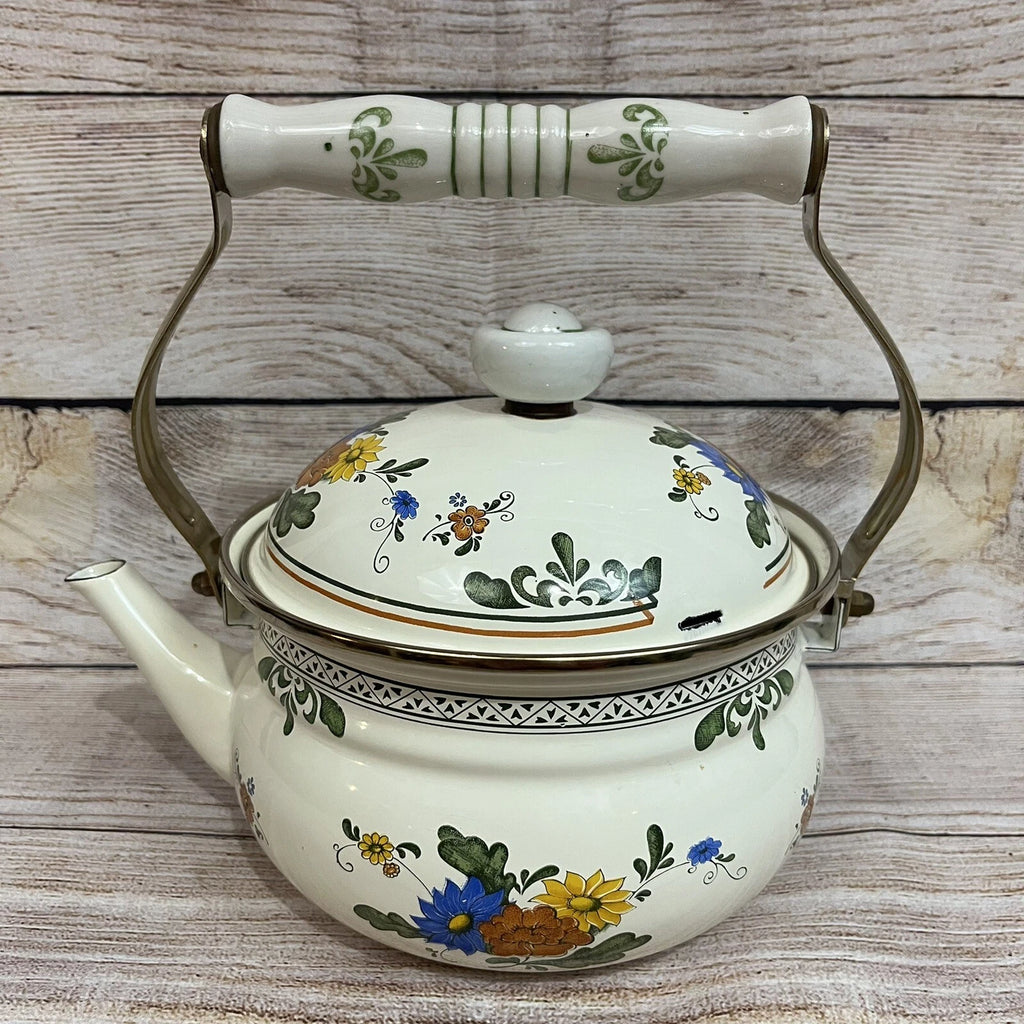Vtg Enamelware Cookware Pans Tea Kettle 7-piece Set Mid Century European Design
