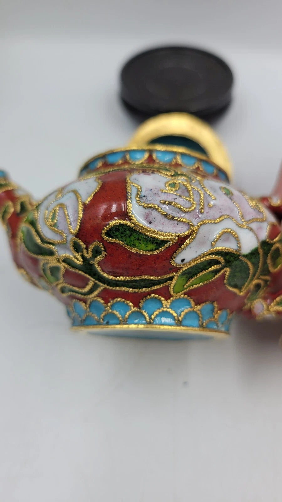 Chinese Enamel Cloisonné Miniature Teapot w/Box And Wood Stand Vintage