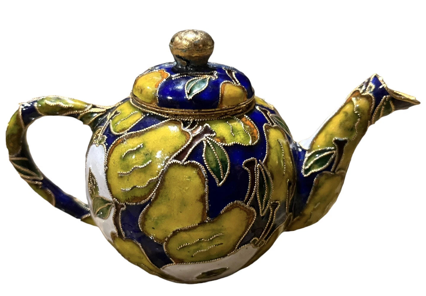 Chinese Vintage Brass Cloisonne Teapot Kettle Enamel Fruit Pear Mini