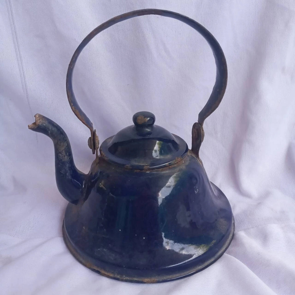 Classic enamel old Water kettle Czechoslovakia Rare collectible dark blue 14 cm.