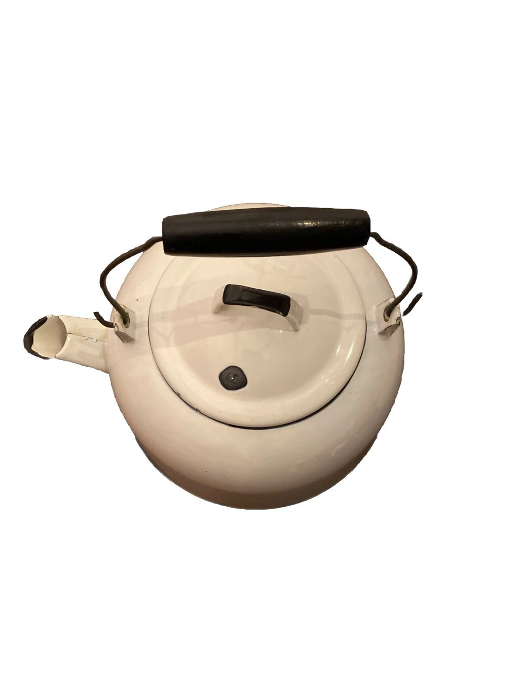 Vintage Enamelware White Tea Pot Kettle/Planter With Wood Handle
