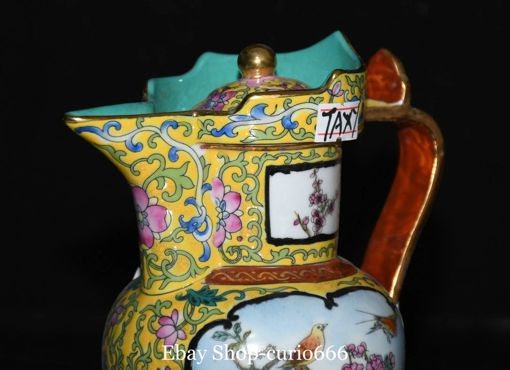 Qianlong Colour Enamel Porcelain Gold Plum Flower Bird Words Pattern Kettle Pot