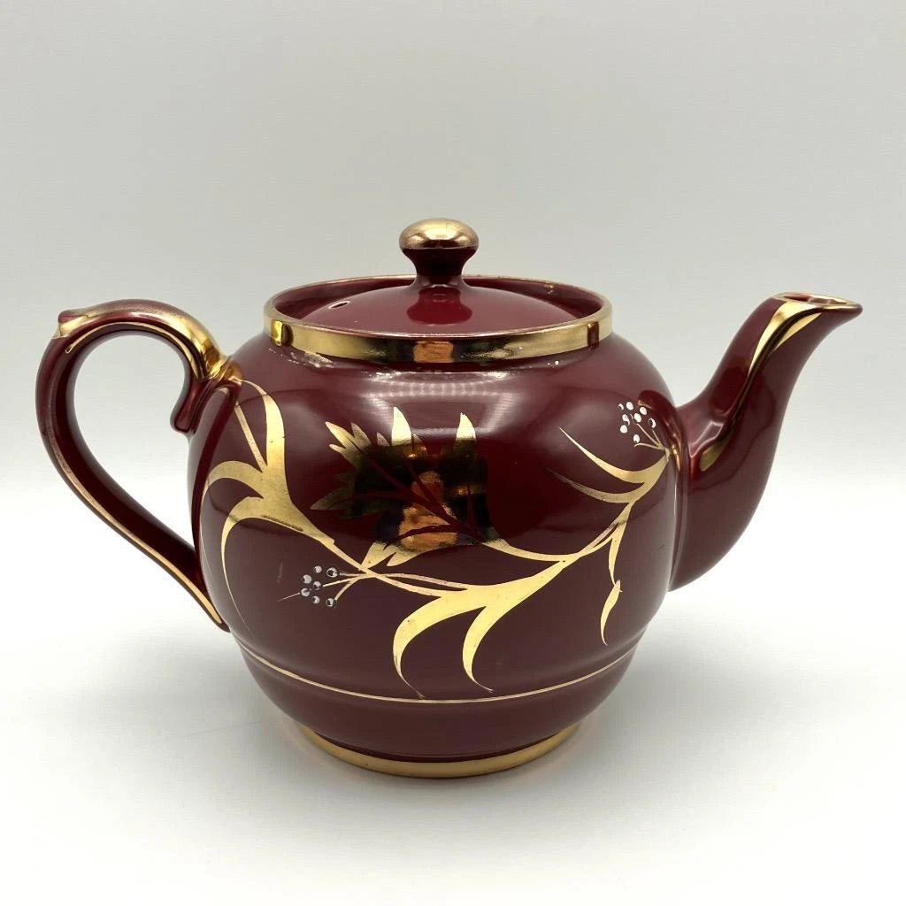 Vintage Gibson’s Burgundy Maroon Gilt & White Enamelled Teapot