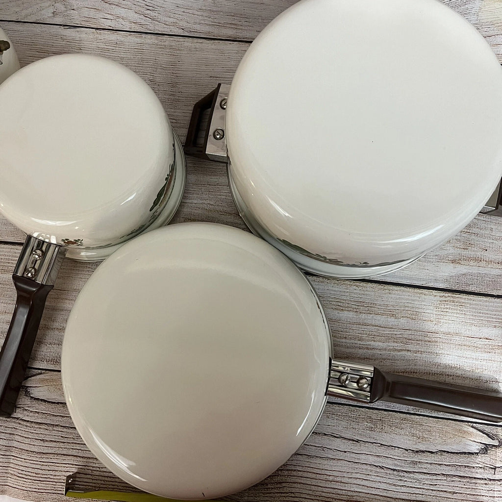 Vtg Enamelware Cookware Pans Tea Kettle 7-piece Set Mid Century European Design
