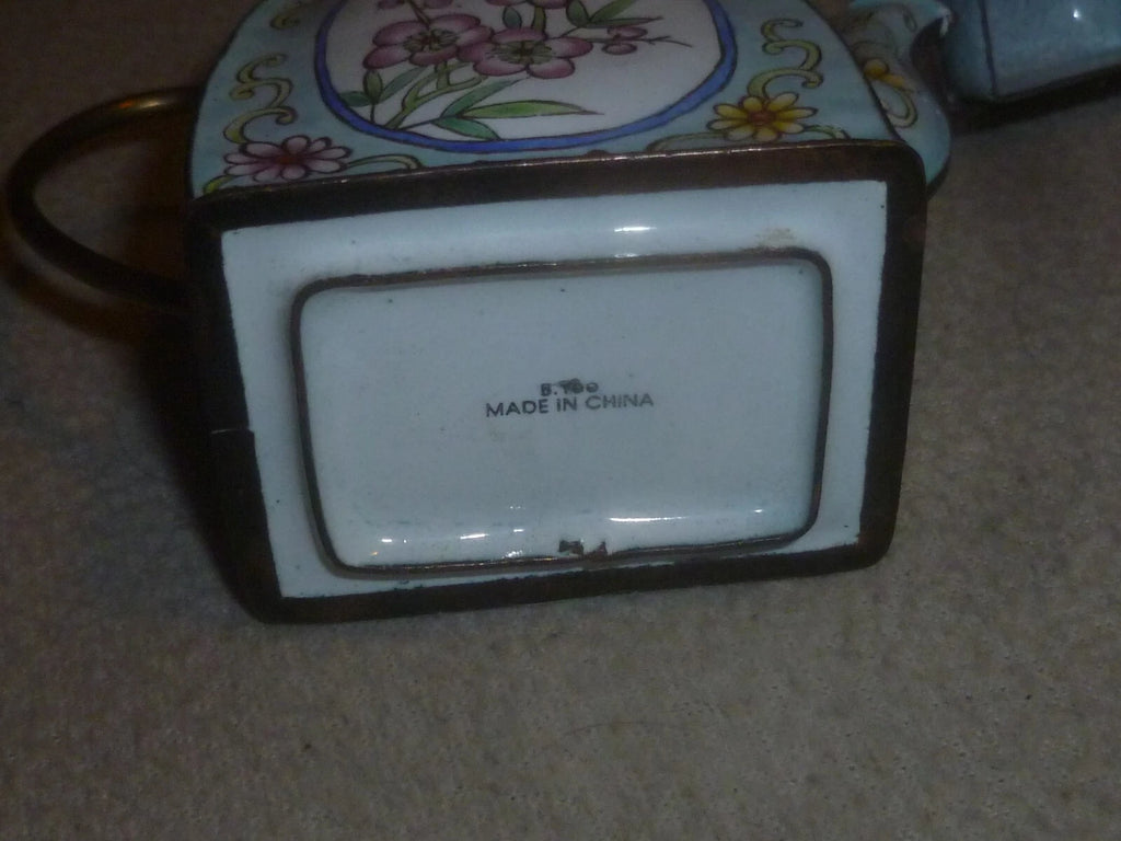 MINI ENAMEL TEA KETTLE TEAPOT KELVIN CHEN 1999 DECORATIVE FLOWERS BLUE RETIRED