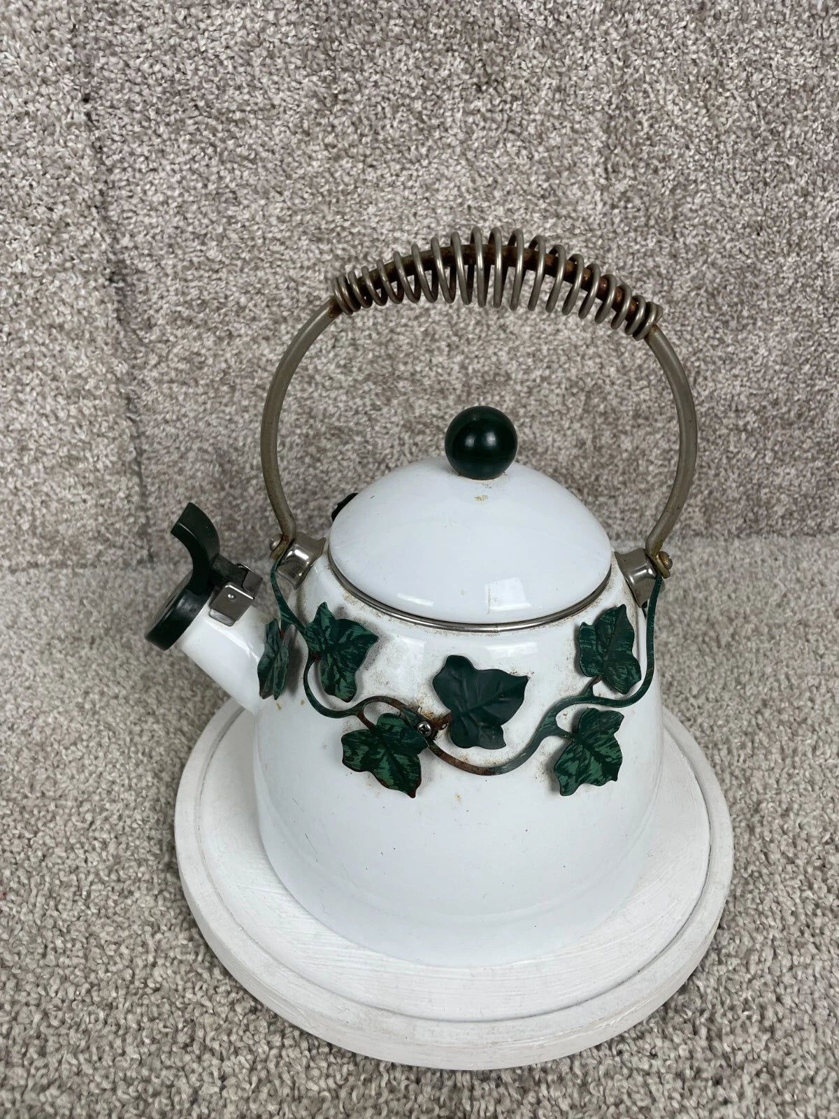 Via Ancona English Garden Enamel 10" Whistling Tea Kettle Green Ivy White