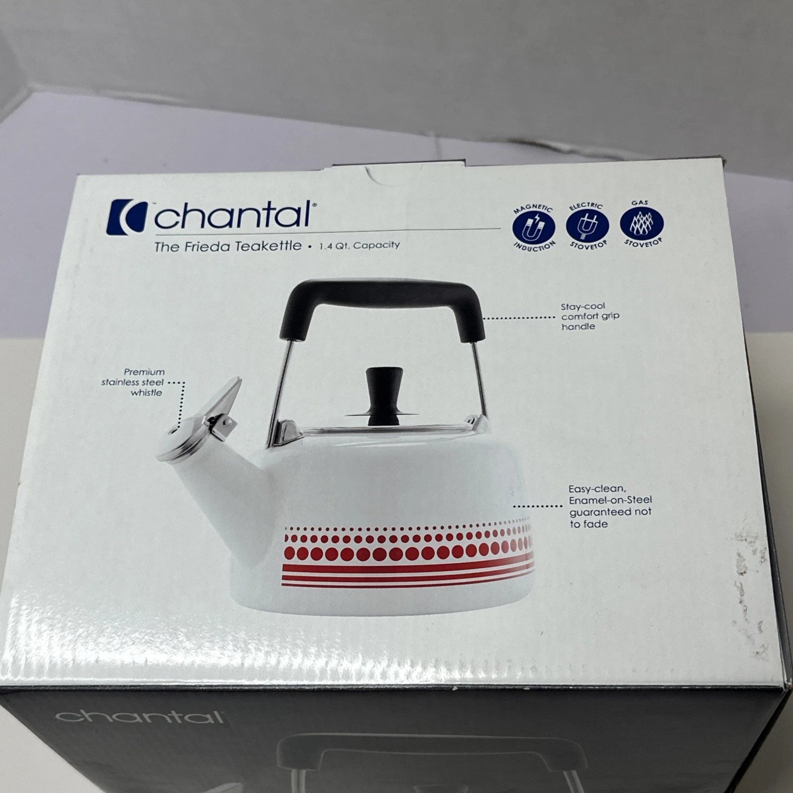 New Chantal Frieda Limited Edition White Enamel Stainless Steel Teakettle 1.4 QT