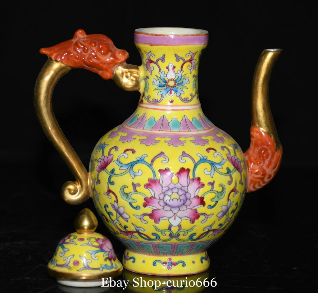 7'' Qianlong Colour Enamel Porcelain Gold Flower Dragon Loong Beast Kettle Pot