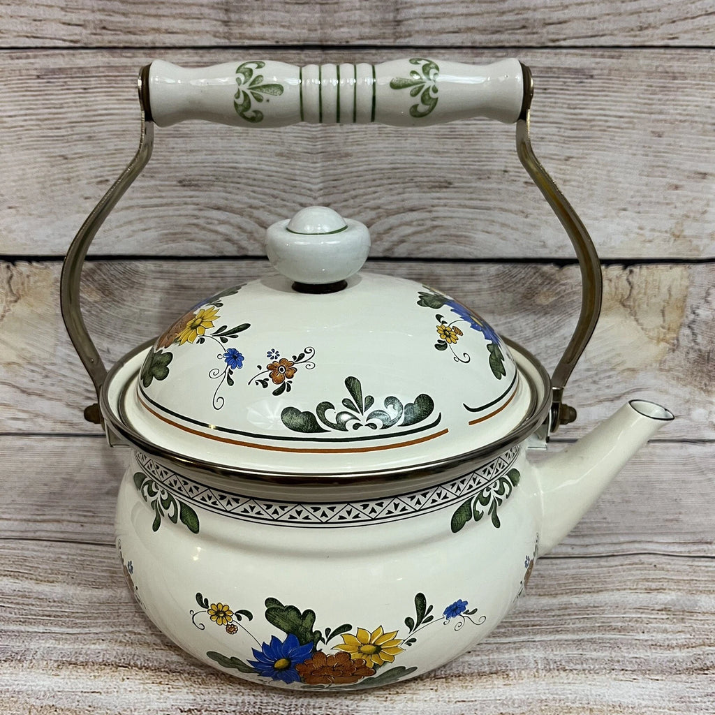 Vtg Enamelware Cookware Pans Tea Kettle 7-piece Set Mid Century European Design