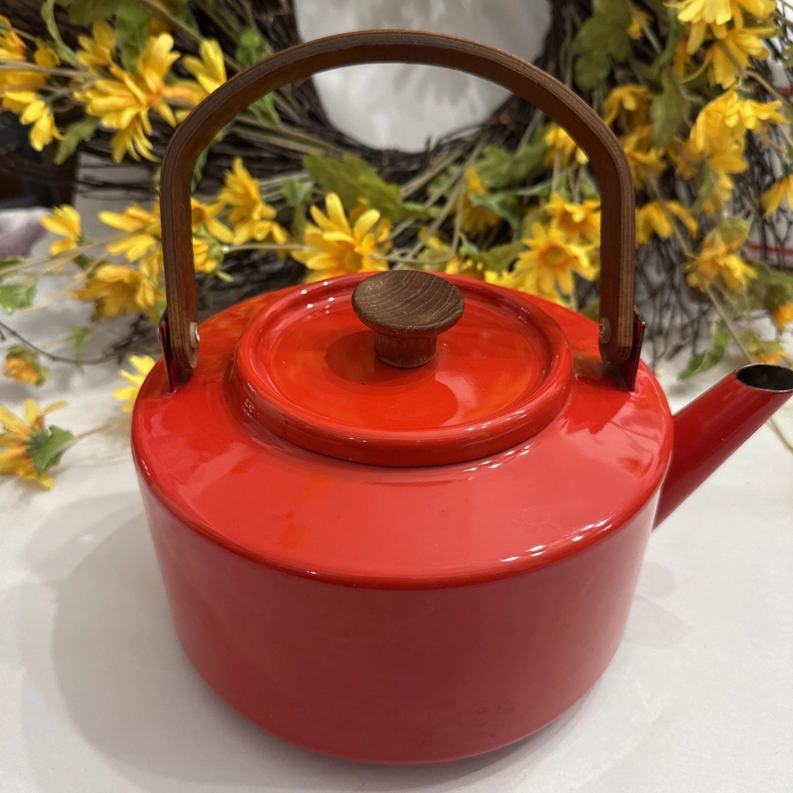 Vtg Copco Spain Michael Lax Red Enamel Tea Kettle w/Teak Handle MCM Retro Decor