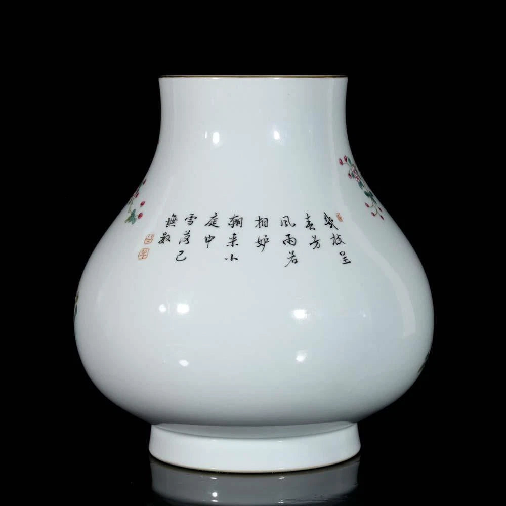 24CM Qianlong Signed Old Chinese Colour Enamel Vase W/bird N3729