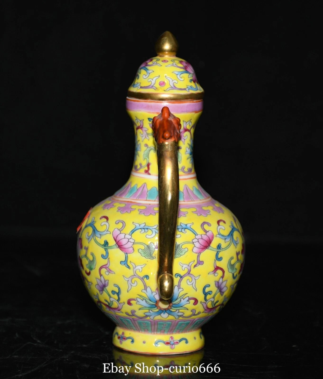 7'' Qianlong Colour Enamel Porcelain Gold Flower Dragon Loong Beast Kettle Pot