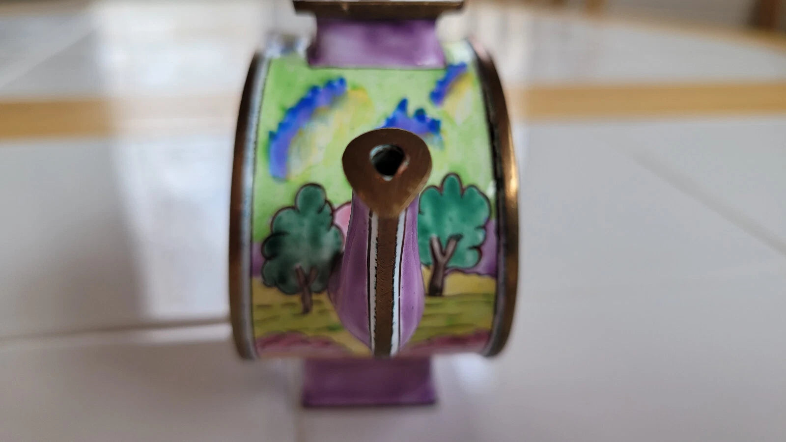 Miniature Brass & Enamel Decorative Tea Pot/Kettle, Women Relaxing Woman